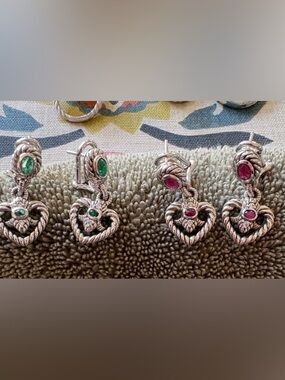 Judith Ripka! Sterling Silver Heart Drop Earrings with Emerald and Ruby.